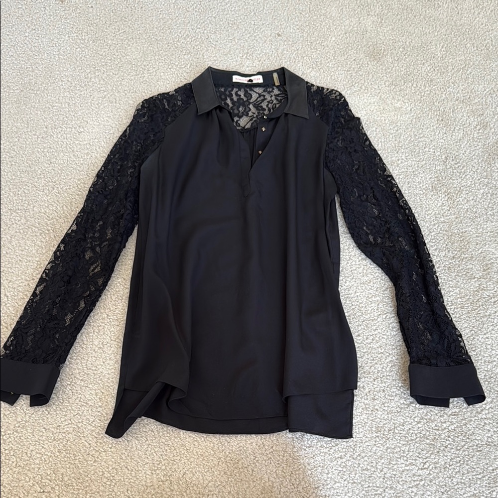 Rebecca Taylor Black Lace Notched Collar Blouse